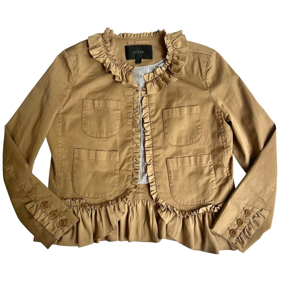 J.Crew Ruffle Hem Utility Jacket Khaki Romantic Coastal Chic Size 6